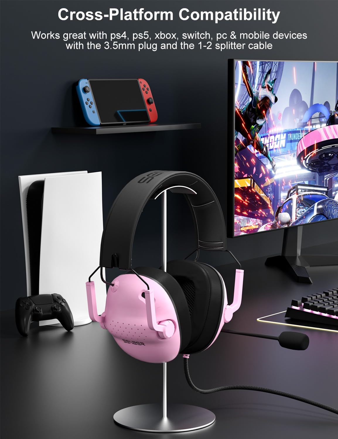 SENZER SG500 Surround Sound Pro Gaming Headset with Noise Cancelling Microphone - Soft Memory Foam Padding - Portable Foldable Headphones for PC, PS4, PS5, Xbox One, Switch - Black