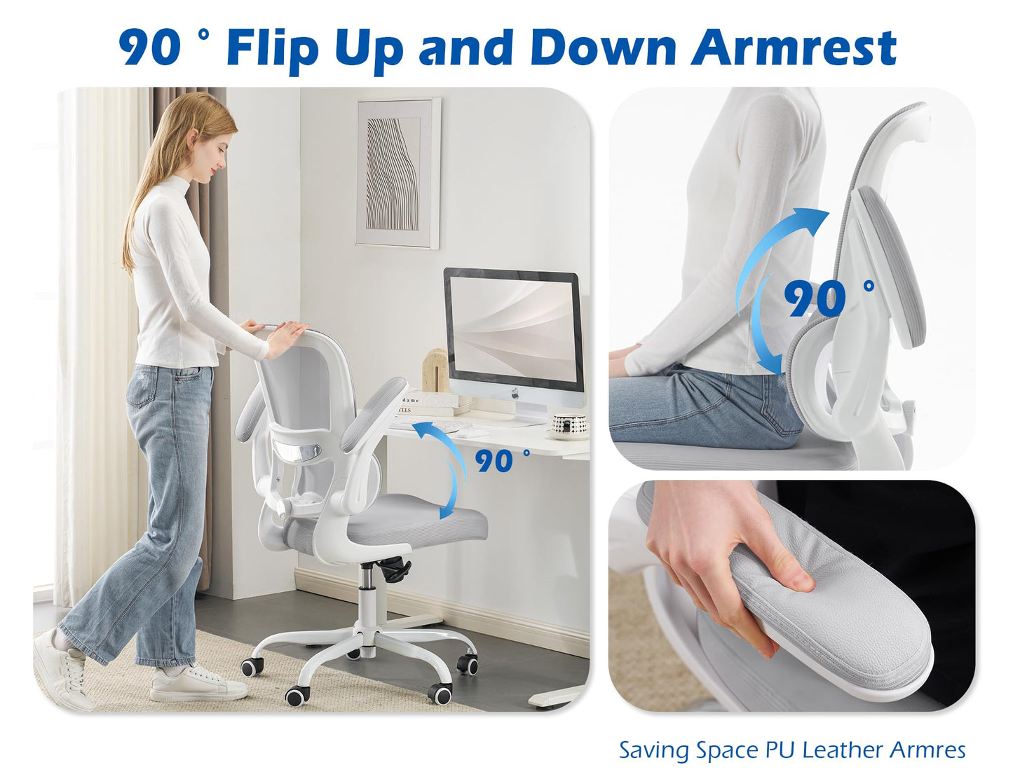 TRALT Ergonomic Office Chair - Desk Chair with Adjustable Lumbar Support Computer Chair - Mesh Comfy Chair with Flip-up Armrests - Gaming Chairs for Adults Home Office (Leather, White)