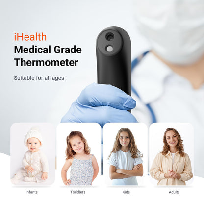 iHealth No-Touch Digital Forehead Thermometer for Adults, Babies, Kids, 3 Ultra-Sensitive Sensors, Quiet Vibration Feedback, Large LED Digits, Easy to Use for Home, PT3 Black