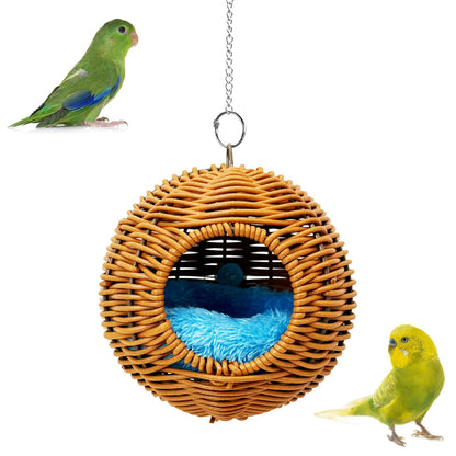 BNOSDM Rattan Bird Nest Parrot Nesting House Parakeet Nesting Soft Lovebird Warm Bed Sleeping for Parrots Bird Cage Accessories for Cockatiels Budgerigars Finches Canaries (Single-Hole Style)