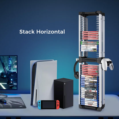 ASFSKY Video Game Storage Tower - 24 Games Holder Stand with 2 Controller Hooks Universal Video Game Organizer Compatible with PS5, PS4, Xbox & Switch Games (23Pcs)