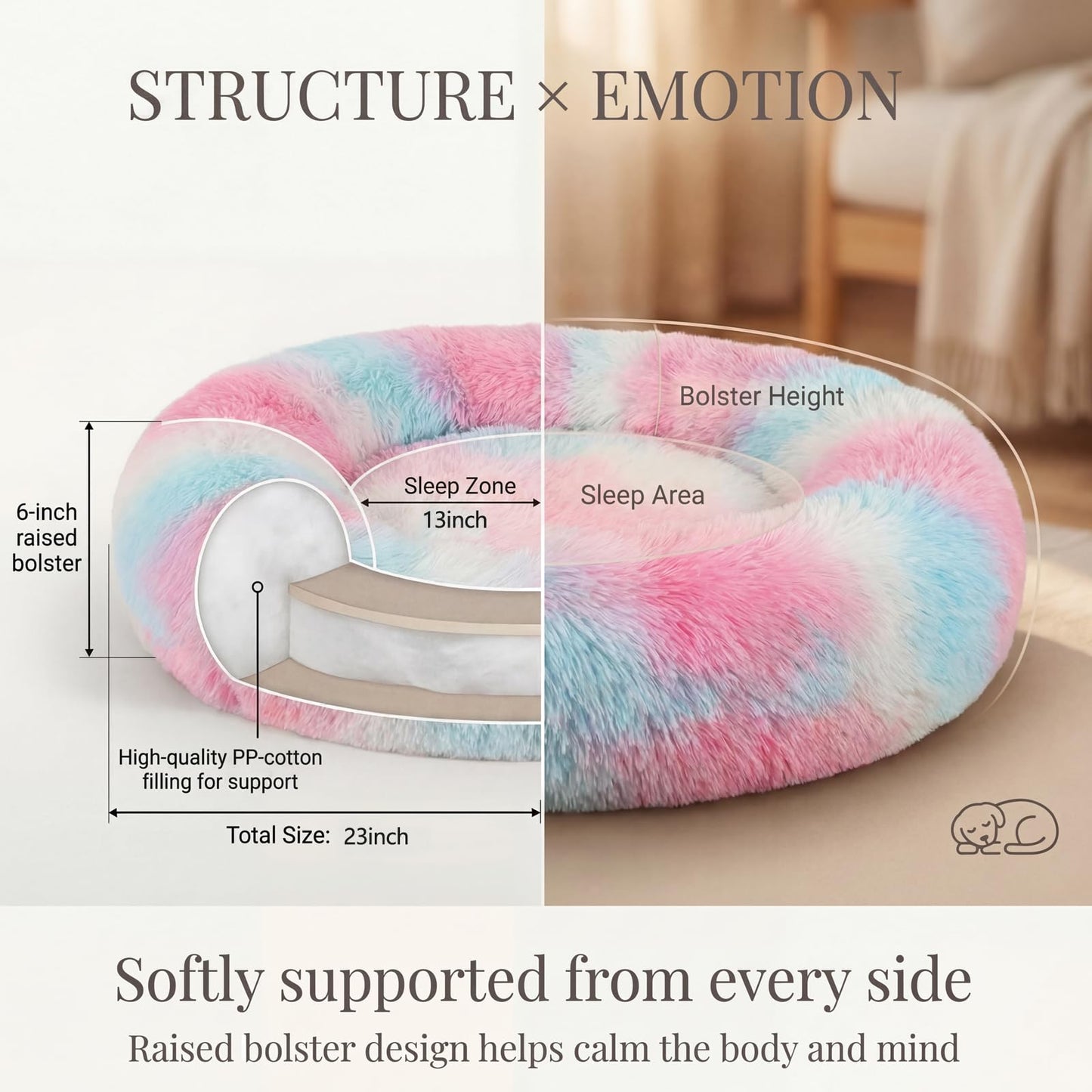 Small Calming Dogs Bed for Small Dogs Anti-Anxiety Machine Washable Fluffy Luxury Anti-Slip Waterproof Mute Base Warming Cozy Soft Pet Puppy Round Bed
