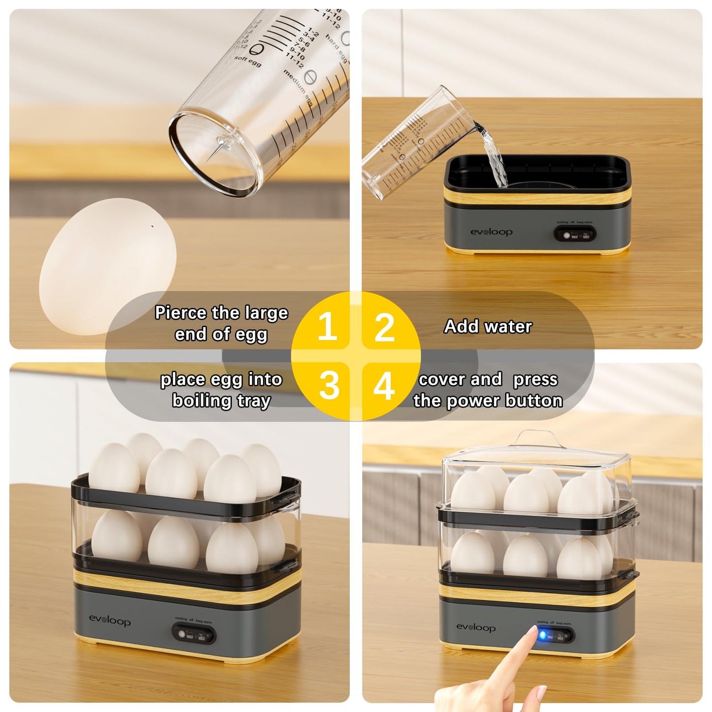 Evoloop Rapid Egg Cooker Electric 12 Eggs Capacity, Soft, Medium, Hard Boiled, Poached, Omelet Maker Egg Poacher & Vegetable Steamer, BPA Free Tray