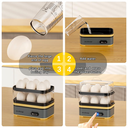Evoloop Rapid Egg Cooker Electric 12 Eggs Capacity, Soft, Medium, Hard Boiled, Poached, Omelet Maker Egg Poacher & Vegetable Steamer, BPA Free Tray