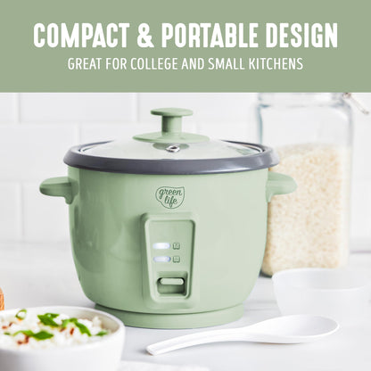 GreenLife Rice Cooker with Removable PFAS-Free Ceramic Nonstick Pot, 3-Cups Uncooked/6-Cups Cooked, Grains & Oatmeal Multicooker, Compact One-Switch Design, Auto Keep Warm, Easy Clean, Cream