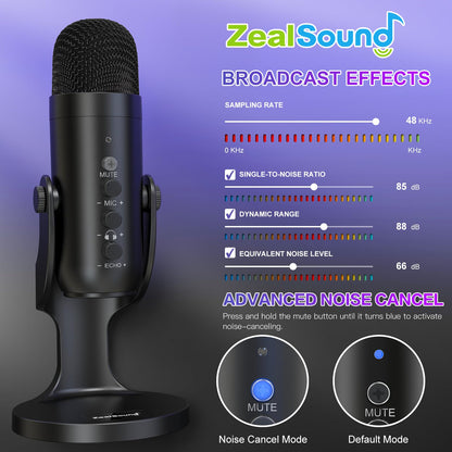 ZealSound Podcast Microphone for PC, Noise Cancellation USB Mic with Gain, Volume Adjustment & Mute Button, Monitoring & Echo, for YouTube, TikTok, Podcasting, Streaming, iPhone, iPad, Android, Mac