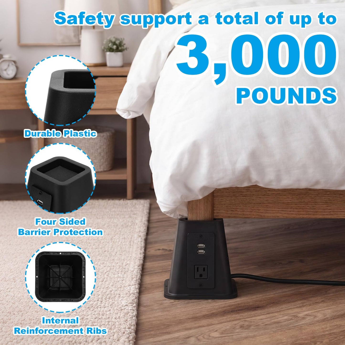 Relaxweex 4 Pack 8 Inches Heavy Duty Bed Risers with Power Outlet and USB - Adjustable Plastic Bed Frame Riser Lifts - Furniture Support Blocks for Sofa College Dorm Twin, Supports 2200 lbs
