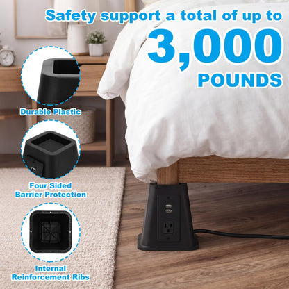 Relaxweex 4 Pack 8 Inches Heavy Duty Bed Risers with Power Outlet and USB - Adjustable Plastic Bed Frame Riser Lifts - Furniture Support Blocks for Sofa College Dorm Twin, Supports 2200 lbs