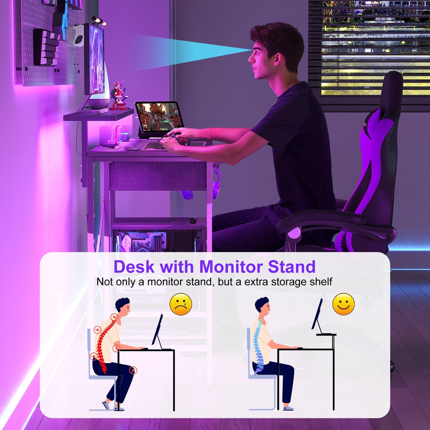 X-cosrack 33.5" Small Gaming Desk with LED Lights & Power Outlets, Compact Computer Desk with Monitor Stand & CPU Stand, Gamer Table with Storage Drawer, Side Hooks for Home Office, Bedroom, Black