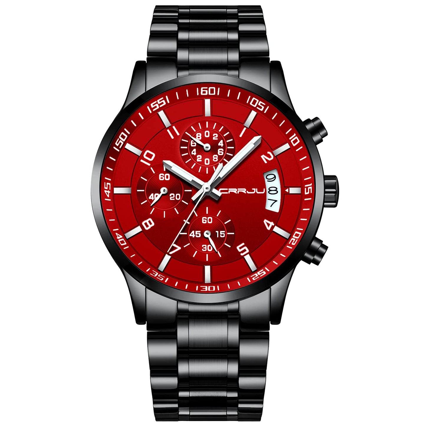 CRRJU Men's Fashion Stainless Steel Watches Date Waterproof Chronograph Wristwatches,Black Steel Band Waterproof Quartz Watch for Men