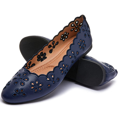 FRACORA Women's Ballet Flats Black PU Leather Dress Shoes Comfortable Round Toe Slip on Flats with Breathable Eyelets