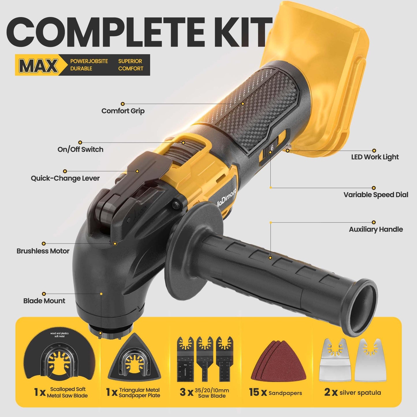 bellaDimora Oscillating Multi-Tool Compatible with DeWalt 20V MAX, 600W Brushless Motor (6000-20000 OPM), 23-Piece Accessory Kit for Cutting Sanding Scraping, Heavy-Duty Power Tool(No Battery)