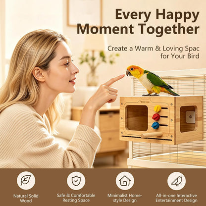 Solid Wood Parrot Hideaway, with Pull-Out Stainless Steel Grate | Glue-Free Retro TV-Shaped Bird House for Beak Play Cage Accessory for Small to Medium Parrots, Chew Toy & Resting House