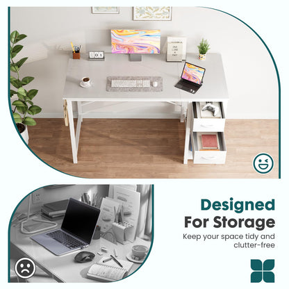 Sweetcrispy 47 Inch Computer Desk with Drawers for Home Office Writing Desk X Shaped Reinforcement Wood Surface Adjustable Position Modern Study Work Side Hook Metal Frame Storage Station Rust
