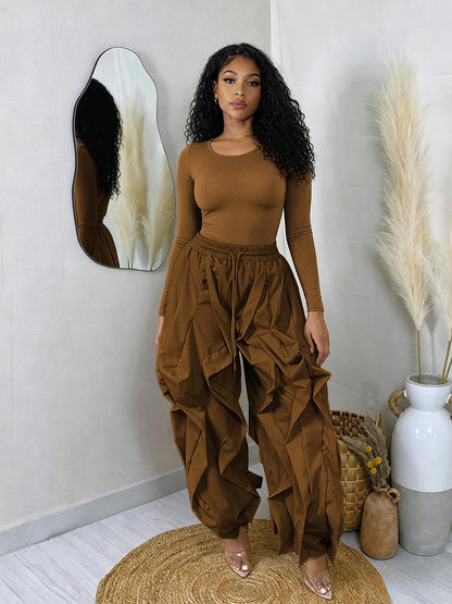knowfashionstyle Women 2 Piece Outfits Cargo Parachute Pants Set Long Sleeve Top Baggy Y2K Balloon Pant Going Out Night Club