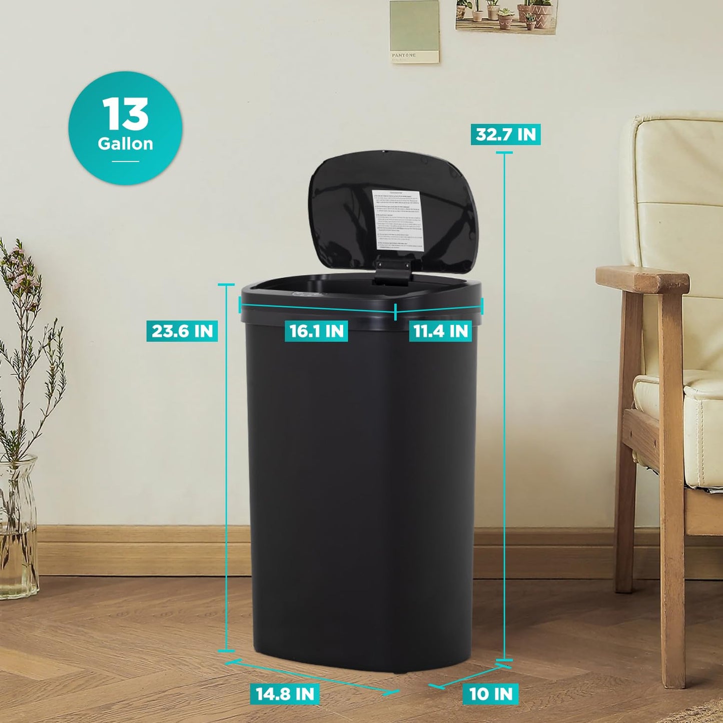 BestOffice | 13 Gallon Trash Can with Lid | Automatic Touchless Garbage Can | Odor Control | Modern Oval Design | Easy to Clean | Stainless Steel | Fits Any Kitchen, Bathroom, Office or Home