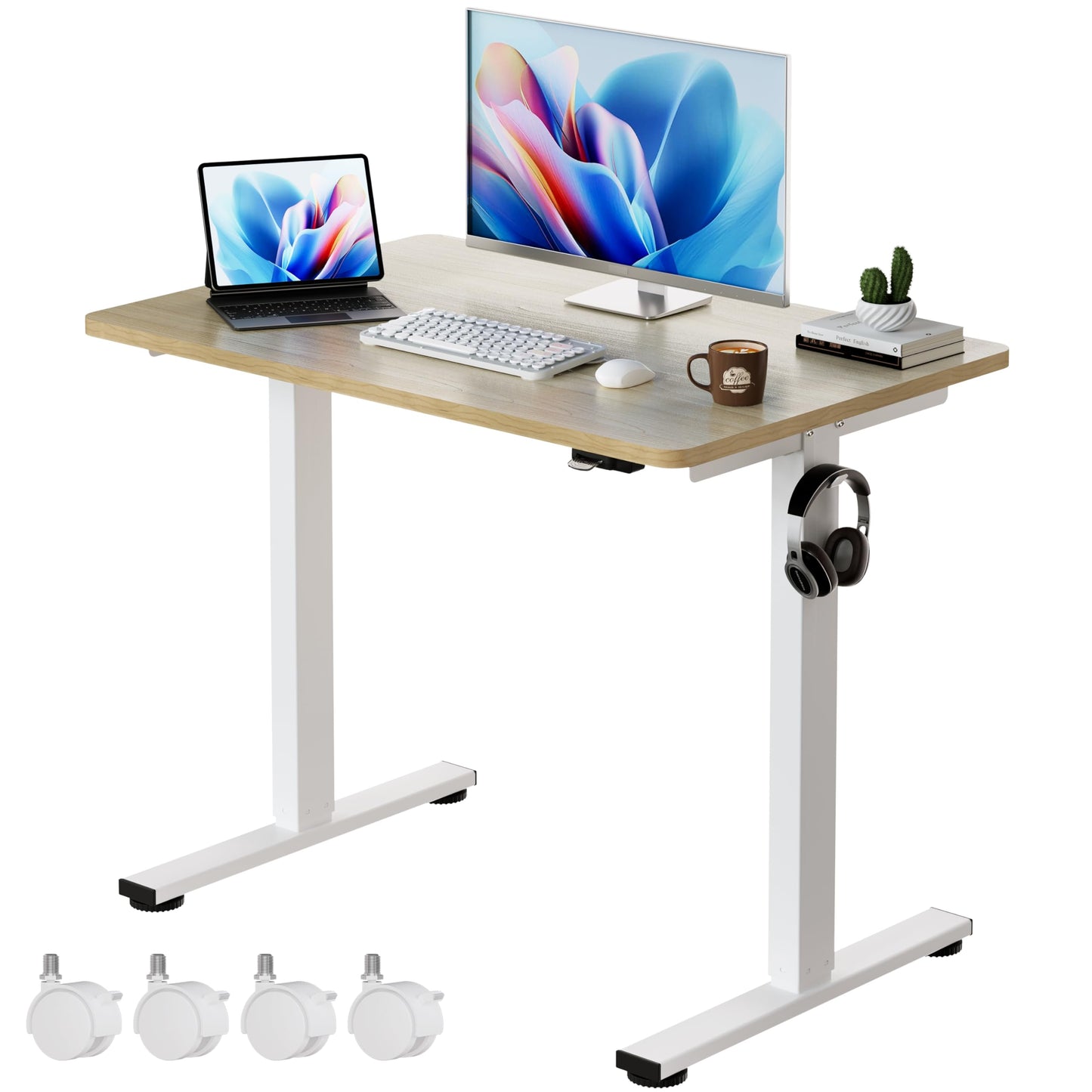 Okin Small Electric Standing Desk, 36" x 24" Whole Piece Height Adjustable Desk, Oak Sit to Stand Computer Workstation with Wheels for Home Office