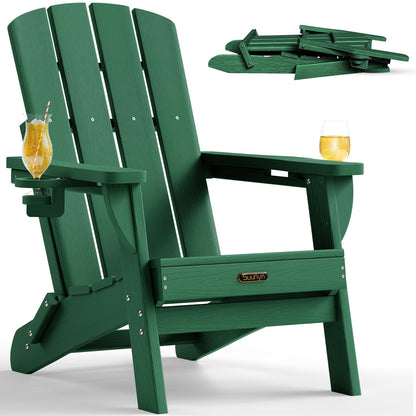 Folding Adirondack Chair, HDPE Adirondack Chairs with 2 Cup Holder, Plastic All-Weather Fire Pit Chairs, Outdoor Lawn Chair for Patio Garden (Grey)