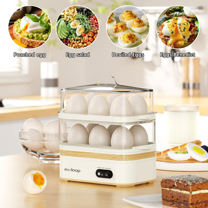 Evoloop Rapid Egg Cooker Electric 12 Eggs Capacity, Soft, Medium, Hard Boiled, Poached, Omelet Maker Egg Poacher & Vegetable Steamer, BPA Free Tray