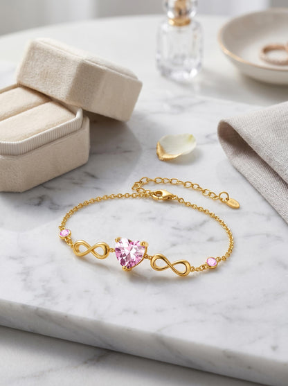 14K Gold Infinity Birthstone Bracelets for Women, Infinity Love Heart Birthstone Link Bracelets for Women, 14K Gold Plated Jewelry Birthday Gifts for Wife Girlfriend Mom, 7+2 Inch