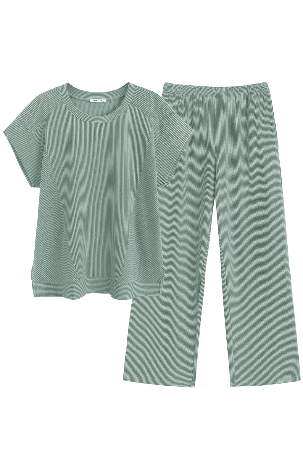 Ekouaer Two Piece Sets for Women 2026 Travel Outfits Short Sleeve Top Wide Leg Pants Rib Tracksuits Summer Fashion Lounge Set