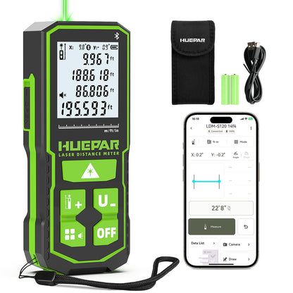 Huepar 395FT Bluetooth Green Laser Measuring Tool S120-G-BT | 1/16in Accuracy, APP Control, Angle Sensor, Carry Bag, Laser Distance Measurement Tool, Digital Laser Room Measuring Device