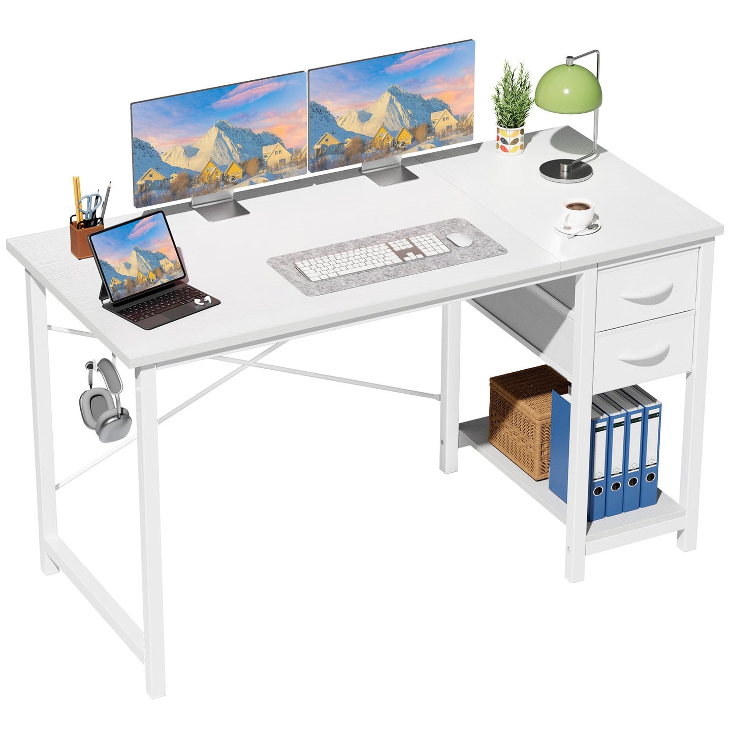 Sweetcrispy 47 Inch Computer Desk with Drawers for Home Office Writing Desk X Shaped Reinforcement Wood Surface Adjustable Position Modern Study Work Side Hook Metal Frame Storage Station Rust