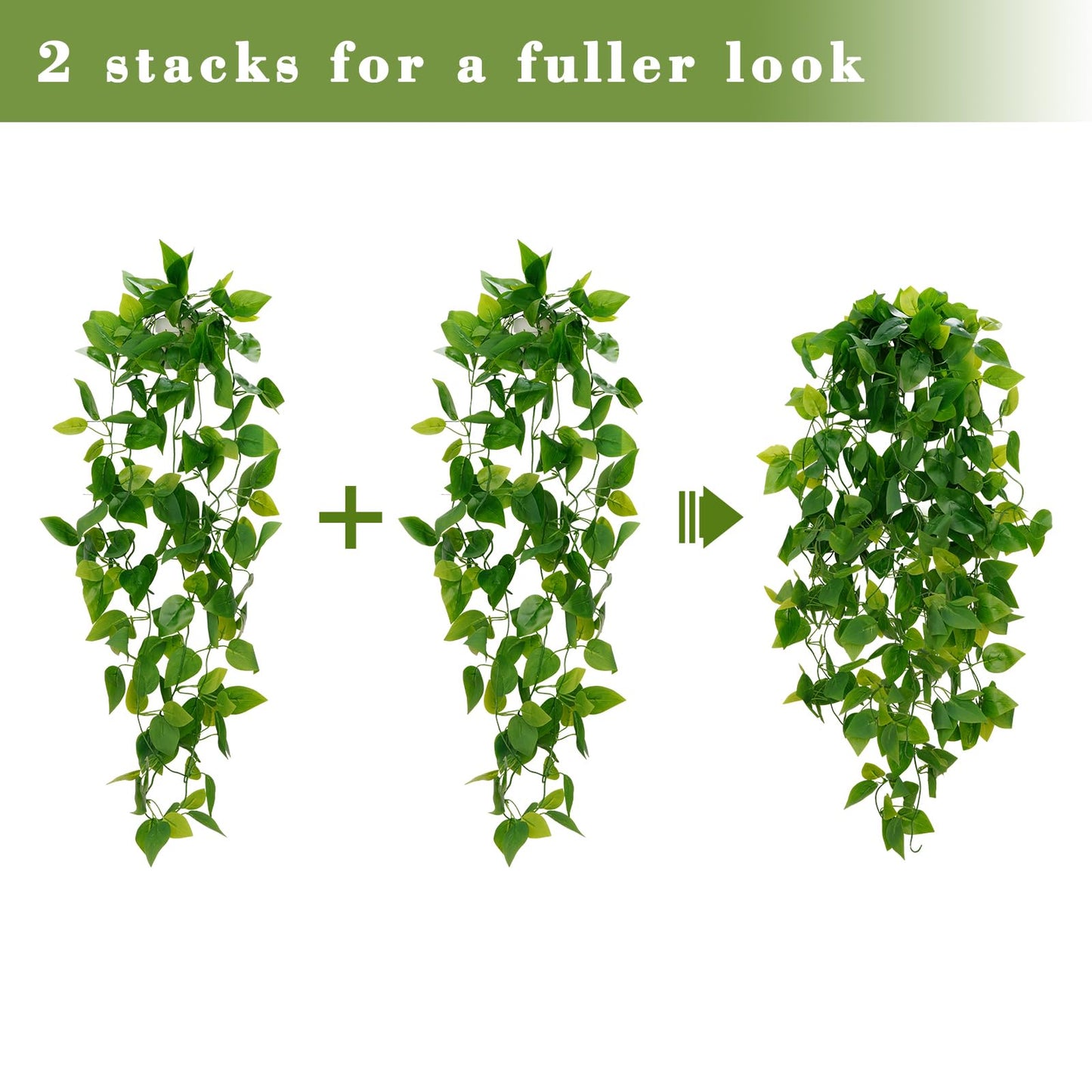 BLEUM CADE Fake Hanging Plants, 2pcs Artificial Pothos Vines Faux Plants Greenery for Wall Home Living Room Office Indoor Outdoor Decor (No Baskets)