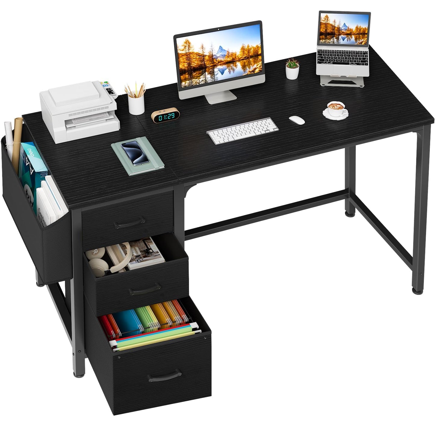 Lufeiya Computer Desk with File Drawers Cabinet, 47 Inch Reversible Home Office Desks with Filing Cabinet for Small Space, Gaming Study Writing Table PC Desks, Black