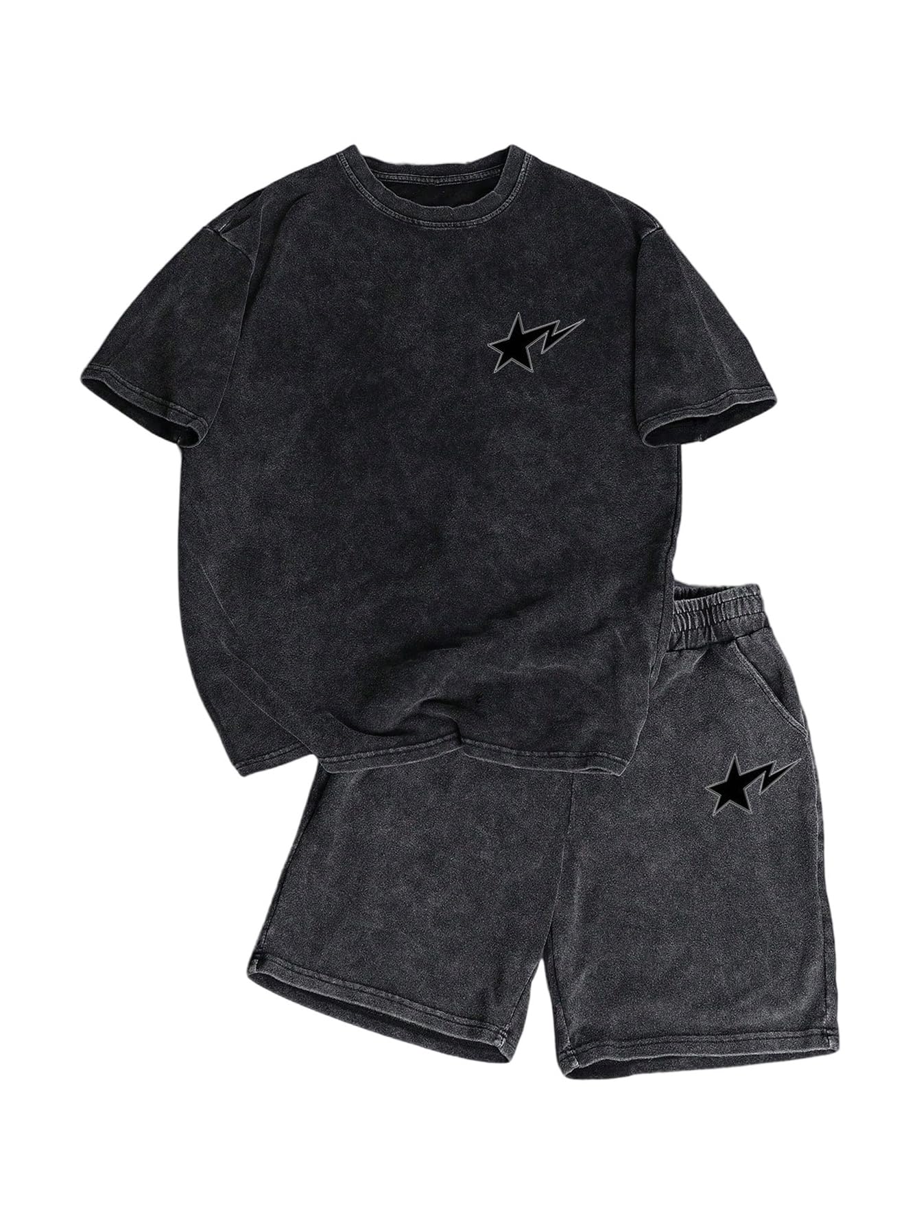 BEAUDRM Men's Y2k 2 Piece Vintage Outfits Punk Grunk Graphic Wash Short Sleeve T-Shirt and Drawstring Shorts Streetwear