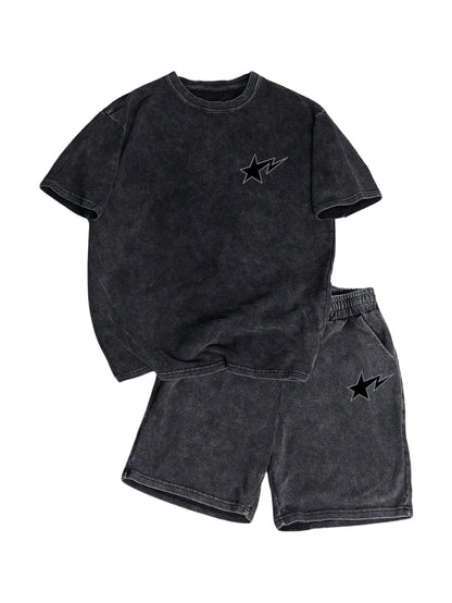 BEAUDRM Men's Y2k 2 Piece Vintage Outfits Punk Grunk Graphic Wash Short Sleeve T-Shirt and Drawstring Shorts Streetwear