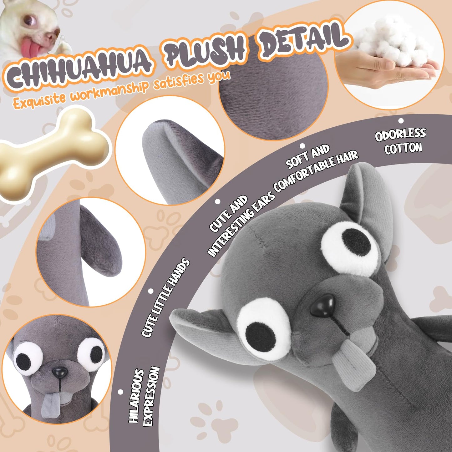 Funny Big Eyed Chihuahua Plush - Hilarious Dark Grey Chihuahua Stuffed Animal | Stress Relief Toy, Funny Desk Decor Gift for Kids & Adults (Black)