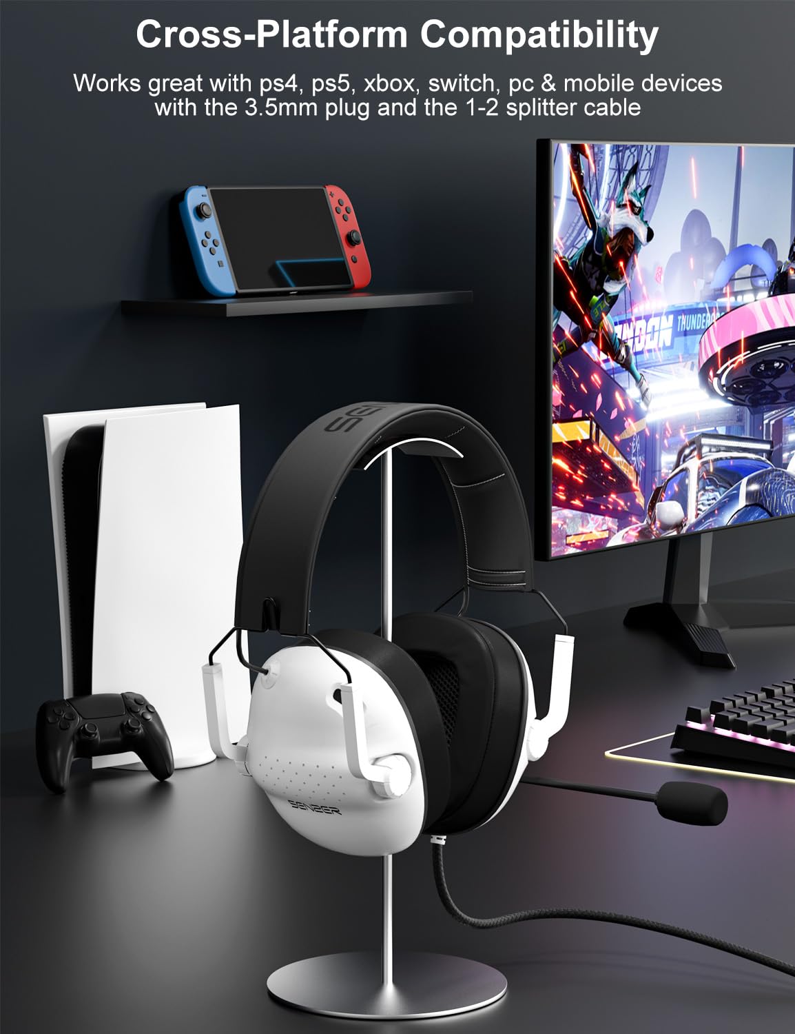 SENZER SG500 Surround Sound Pro Gaming Headset with Noise Cancelling Microphone - Soft Memory Foam Padding - Portable Foldable Headphones for PC, PS4, PS5, Xbox One, Switch - Black