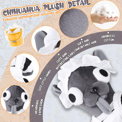 Funny Big Eyed Chihuahua Plush - Hilarious Dark Grey Chihuahua Stuffed Animal | Stress Relief Toy, Funny Desk Decor Gift for Kids & Adults (Black)