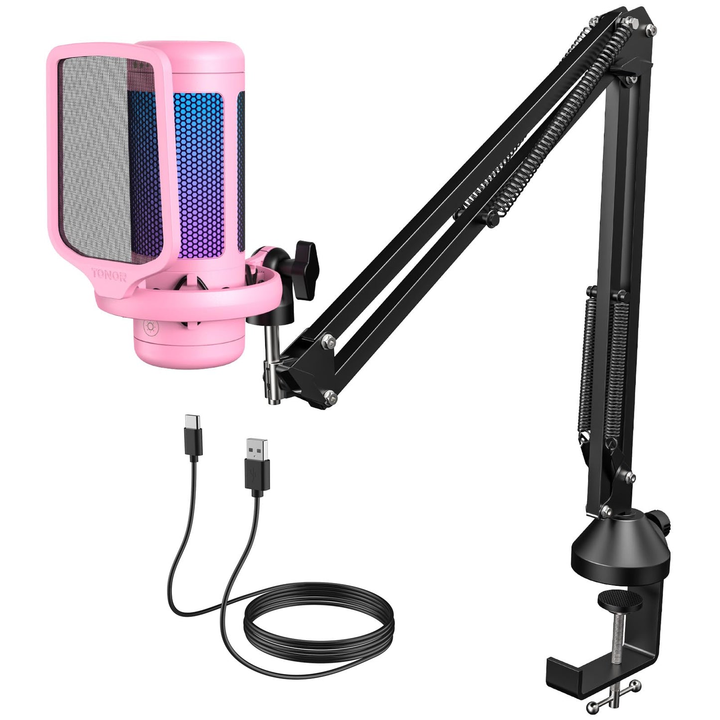 TONOR Gaming Microphone Set with Boom Arm, Vocal Condenser Microphone for PC with Stand, USB Mic with controllable RGB Light, One Tap Mute, Volume Control, for Discord, Twitch Streaming, TC310+