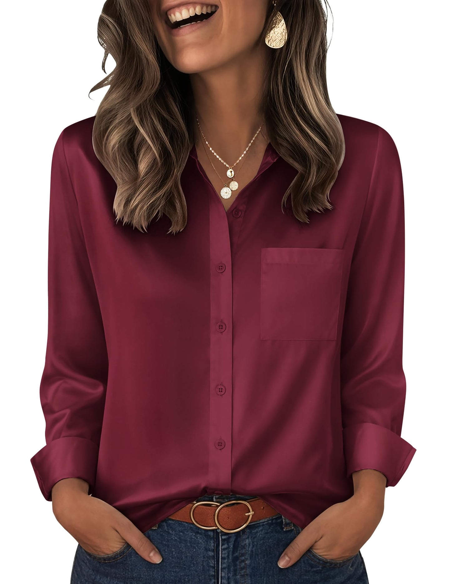 Zeagoo Womens Tops Satin Blouse Long Sleeve Shirts V Neck Dressy Casual | Button Down Business Outfits Fall Fashion With Pockets