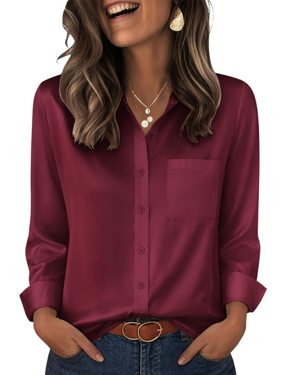 Zeagoo Womens Tops Satin Blouse Long Sleeve Shirts V Neck Dressy Casual | Button Down Business Outfits Fall Fashion With Pockets