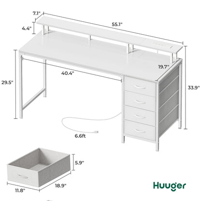 Huuger 47 Inch Computer Desk with Power Outlets and LED Lights, Gaming Desk with 4 Drawers, Office Desk with Monitor Stand, Study Work Home Office, Small Spaces, Black