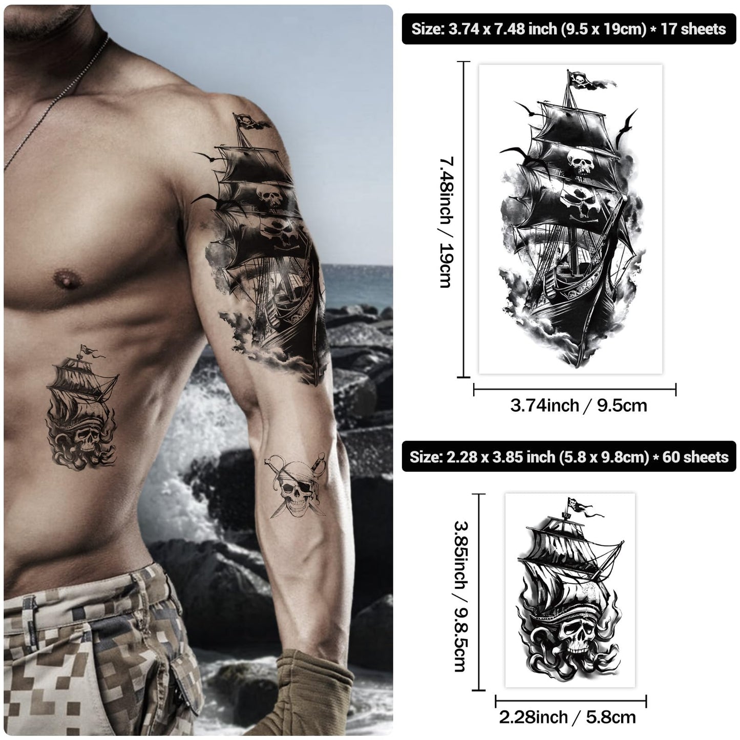 Yazhiji 36 Sheets Temporary Tattoos Stickers, 12 Sheets Fake Body Arm Chest Shoulder Tattoos for Men or Women with 24 PCS Tiny Black Tattoos