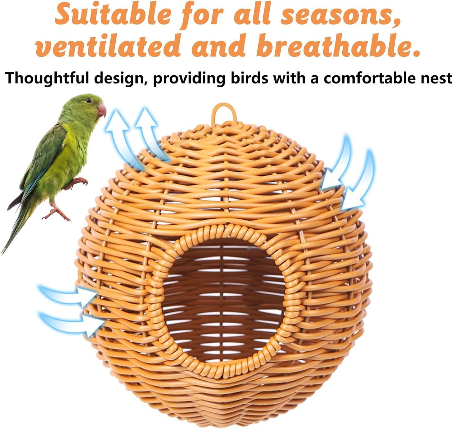BNOSDM Rattan Bird Nest Parrot Nesting House Parakeet Nesting Soft Lovebird Warm Bed Sleeping for Parrots Bird Cage Accessories for Cockatiels Budgerigars Finches Canaries (Single-Hole Style)