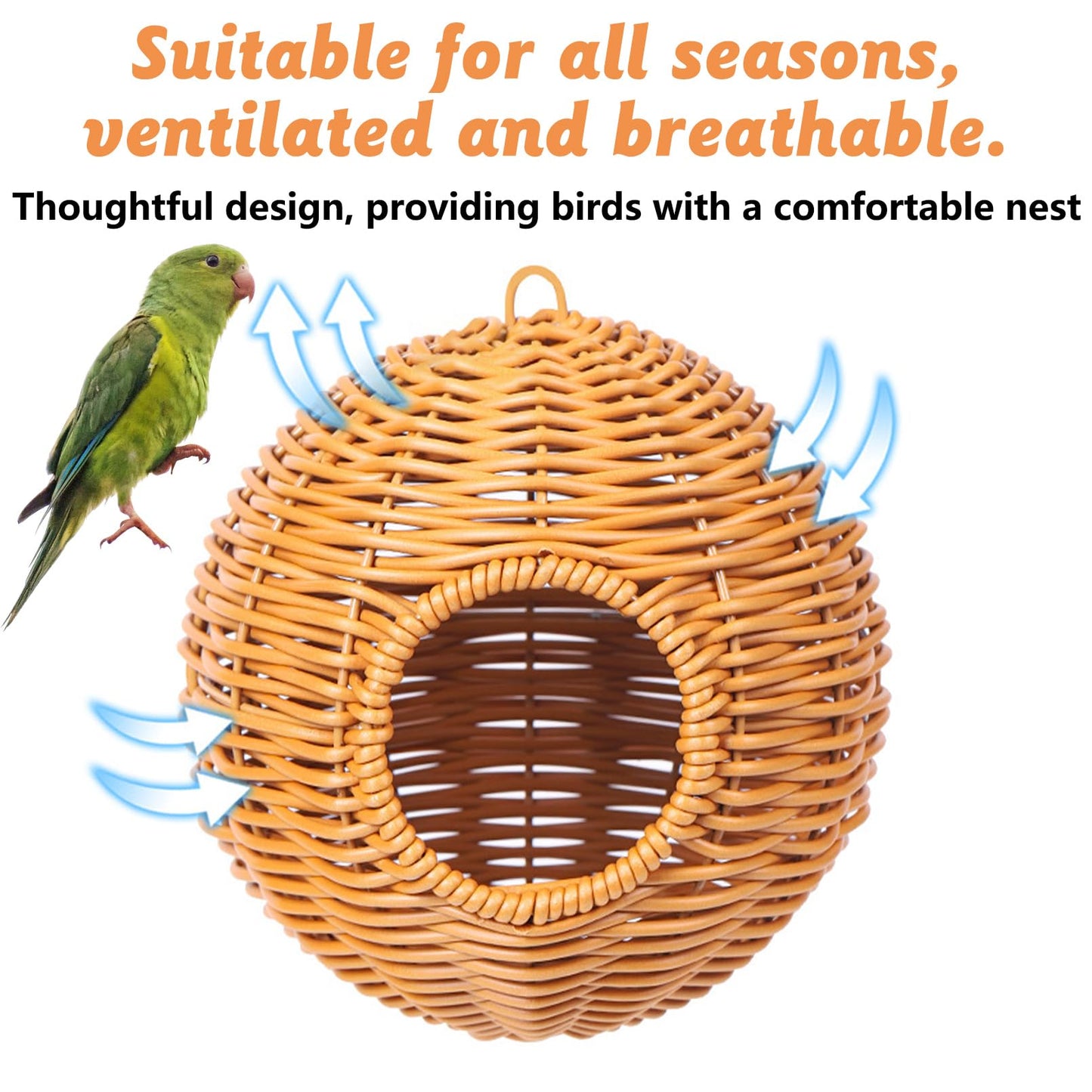 BNOSDM Rattan Bird Nest Parrot Nesting House Parakeet Nesting Soft Lovebird Warm Bed Sleeping for Parrots Bird Cage Accessories for Cockatiels Budgerigars Finches Canaries (Single-Hole Style)
