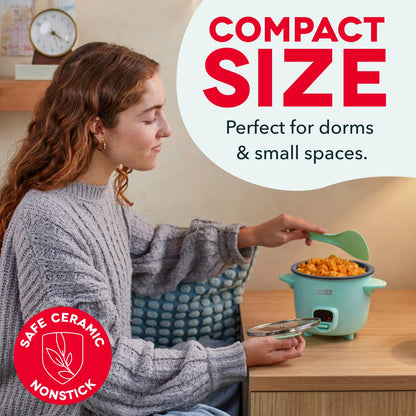 Dash Mini Rice Cooker | Small Rice Maker, 2 Cups Cooked / 1 Cup Uncooked, Ceramic Nonstick Removable Pot, Keep Warm Function, Compact and Portable for Dorm, Travel, Single Serve, Aqua