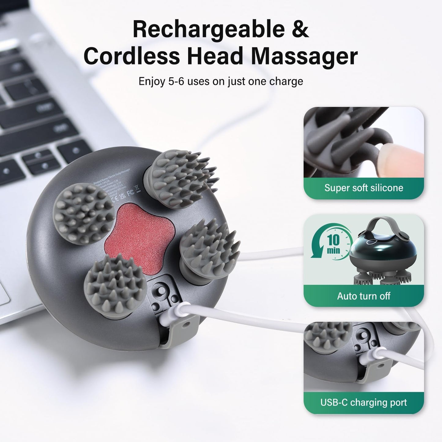 arboleaf Electric Scalp Massager Head Massager Scalp Stress Relax, 5 in 1 Kneading 128 Massage Nodes, Waterproof Hair Massage with 8 Removable Claws Cat Scratcher, Gift for Dad Mom