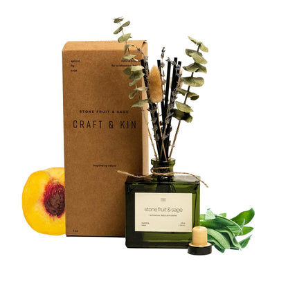 Craft & Kin Reed Diffuser with Dried Flowers | 5 oz Stone Fruit & Sage Scented Holiday Reed Diffusers for Home, Bathroom | Scent Sticks | Elegant Fragrance Home Decor for Men & Women