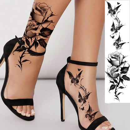 12 Sheets Beautiful Butterfly Flowers Temporary Tattoos For Women Feet Hands Body Art, Realistic Rose Peony Floral Fake Tattoo Sticker For Legs Ankle, Waterproof Lily Dreamcatcher Temp Tatoos Decals