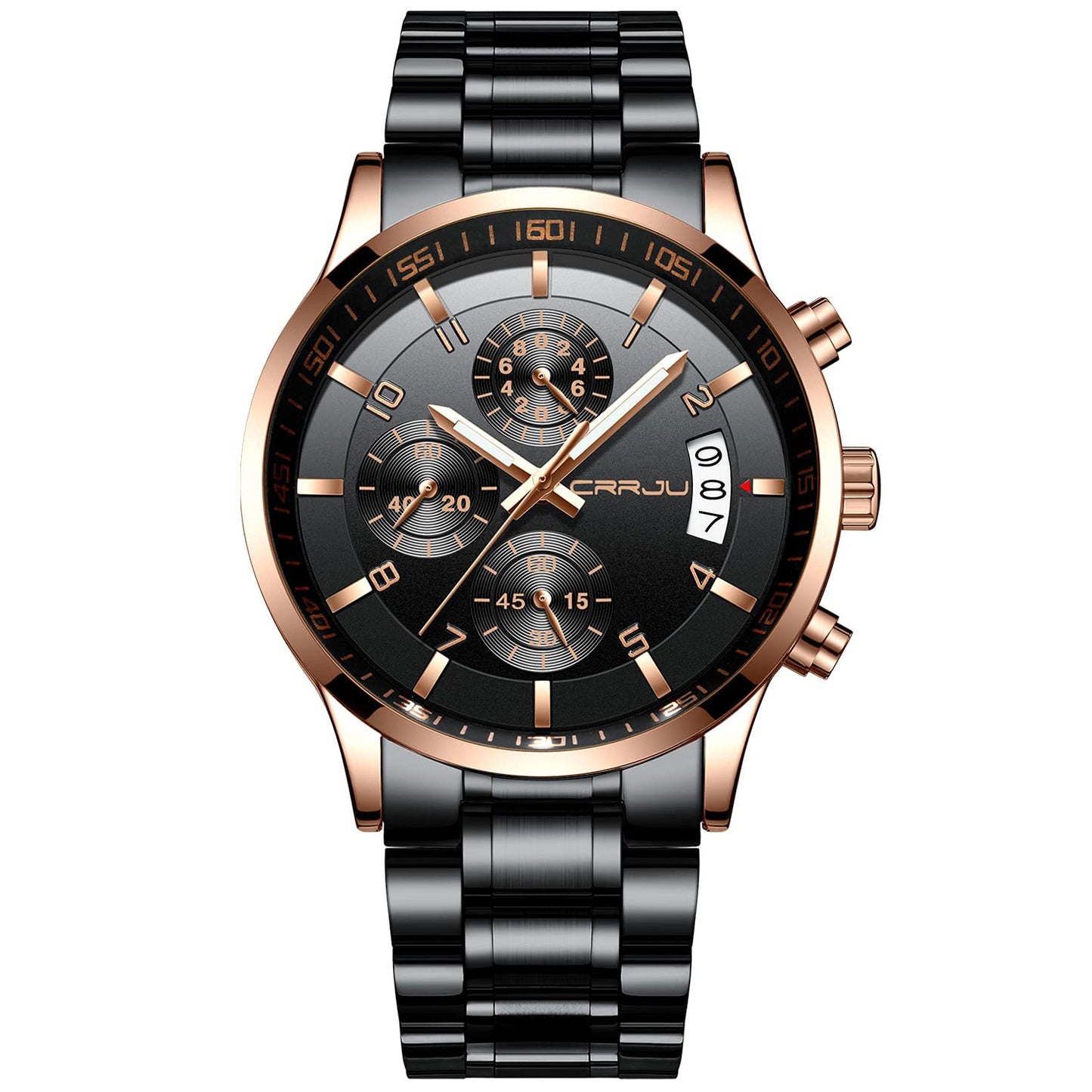 CRRJU Men's Fashion Stainless Steel Watches Date Waterproof Chronograph Wristwatches,Black Steel Band Waterproof Quartz Watch for Men
