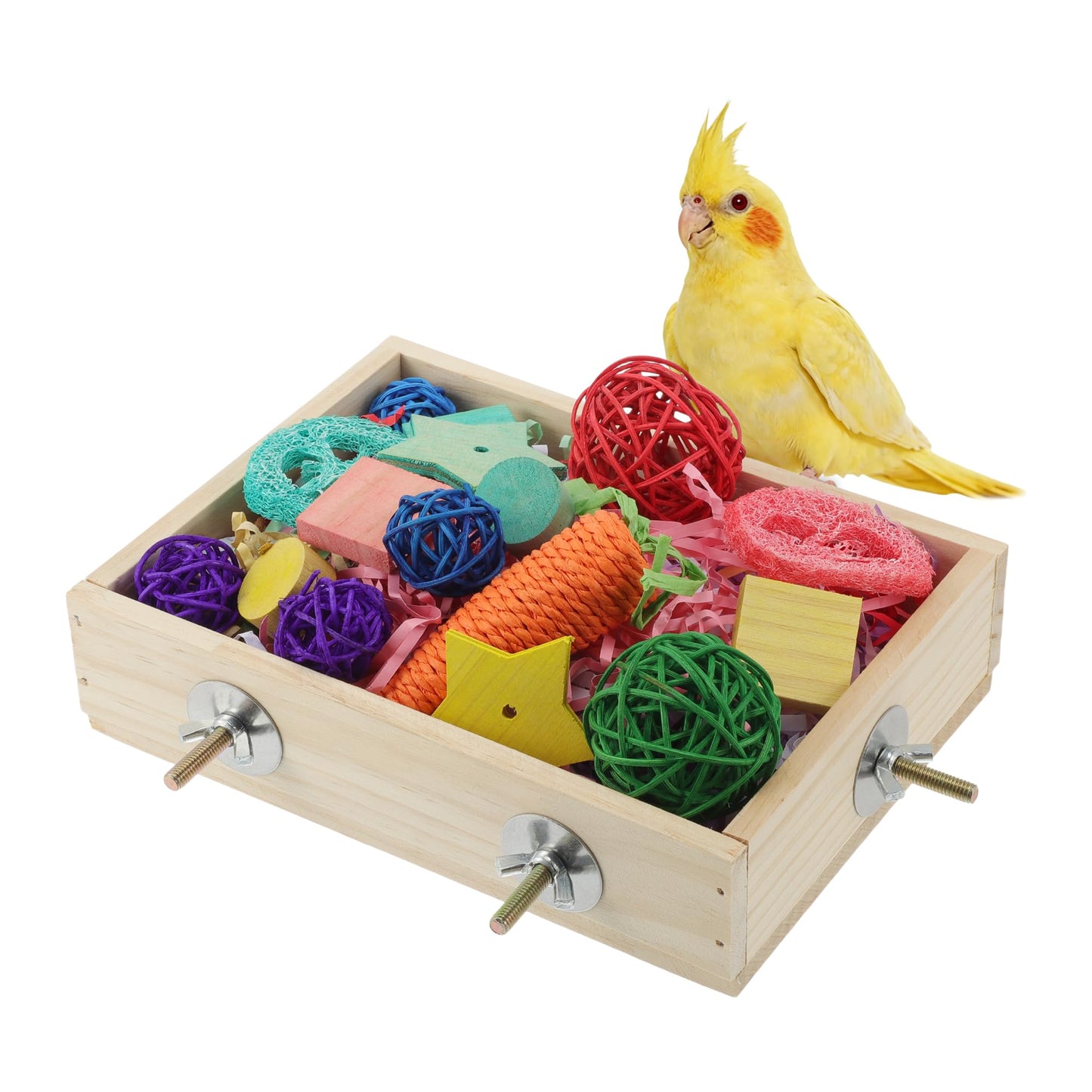 Bird Foraging Toys Box, Wooden Foraging and Shredding Toy for Birds, Bird Box for Mental Stimulation, Wood Colour