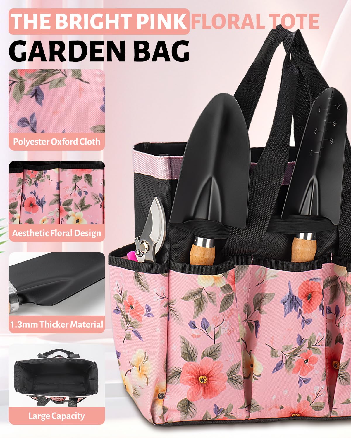 9 Piece Garden Tool Set | Heavy Duty Stainless Steel, Ergonomic Non-Slip Rubber Handles, Pruning Shears, Trowel, 600D Storage Tote Bag