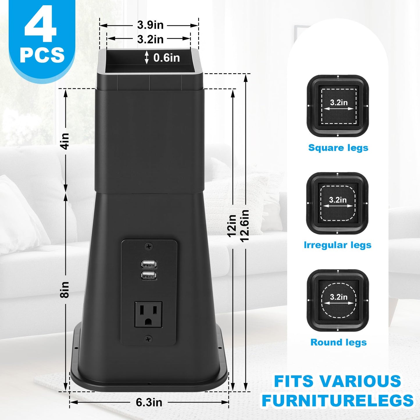 Relaxweex 4 Pack 8 Inches Heavy Duty Bed Risers with Power Outlet and USB - Adjustable Plastic Bed Frame Riser Lifts - Furniture Support Blocks for Sofa College Dorm Twin, Supports 2200 lbs