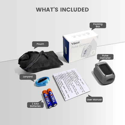 Vibeat Fingertip Pulse Oximeter, Blood Oxygen Saturation Monitor, Finger O2 Sensor with Pulse Rate, Batteries and Lanyard Included, Black